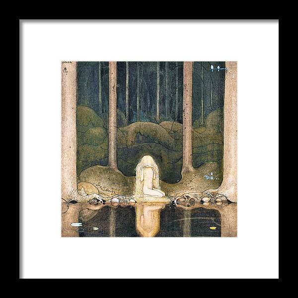 John Bauer Framed Print featuring the painting Tuvstarr is still sitting there wistfully looking into the water - Digital Remastered Edition by John Bauer