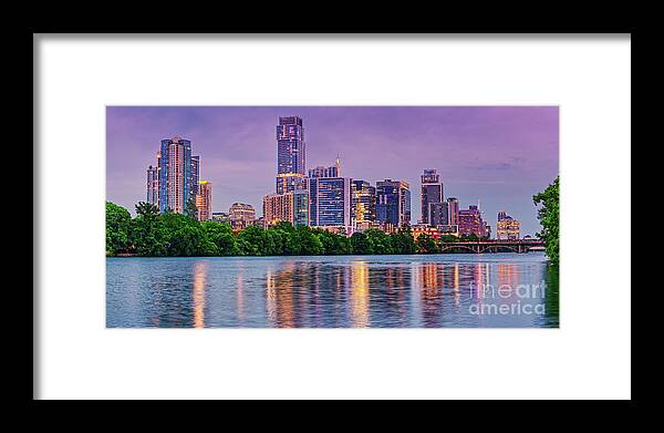 Downtown Austin Framed Print featuring the photograph Twilight Panorama of Downtown Austin Skyline and Lady Bird Lake - Austin Texas Hill Country by Silvio Ligutti