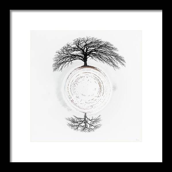 Tree Snow Tree Of Life Corn Planet Little Planet Round Winter Cold White High Key Farm Agriculture  Snow Abstract Surreal Mystical Parallel Universe Framed Print featuring the photograph Twin Oaks at the Poles of a Little Planet - surreal winter scene in WI from actual photo by Peter Herman