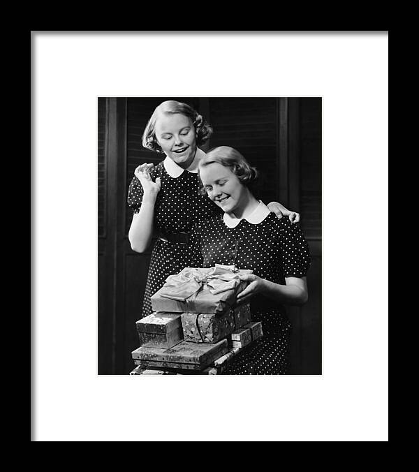 Sibling Framed Print featuring the photograph Twin Teenage Girls W Wrapped Gifts by George Marks