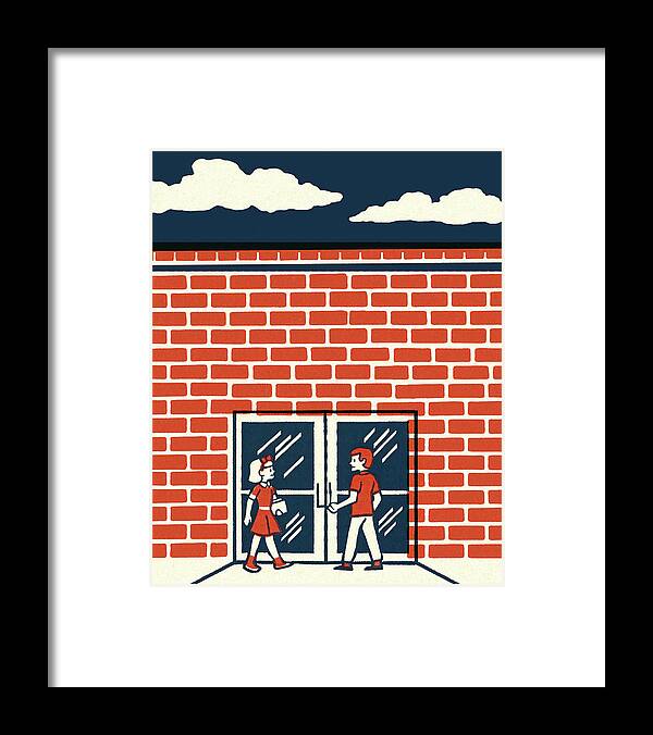 Architecture Framed Print featuring the drawing Two Children at Entrance of Building by CSA Images