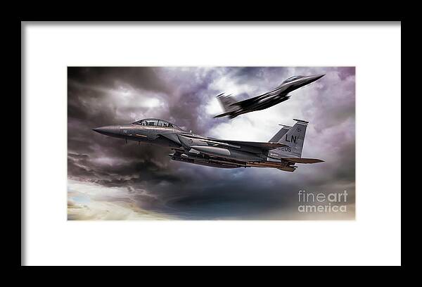 F15 Framed Print featuring the digital art Two F-15E Strike Eagle passing in storm clouds by Simon Bratt