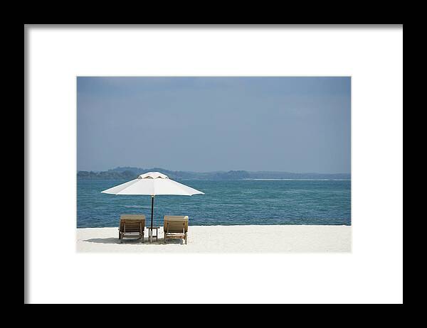 Tranquility Framed Print featuring the photograph Two Lounge Chairs On White Sand Beach by Asia Images