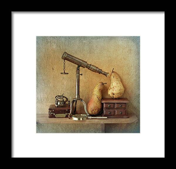 Magnifying Glass Framed Print featuring the photograph Two Pears And Telescope by Sergey Ryumin