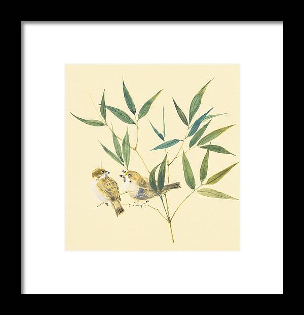 Songbird Framed Print featuring the digital art Two Sparrows And Bamboo Leaves by Daj