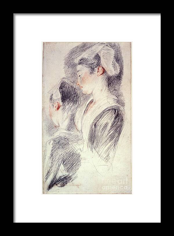 Art Framed Print featuring the drawing Two Studies Of A Young Womans Head by Print Collector
