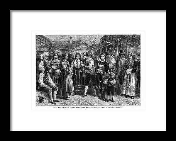 Engraving Framed Print featuring the drawing Types And Costumes In Norway by Print Collector