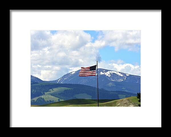 United States Flag Framed Print featuring the photograph U. S. Flag with Mt. Powell behind by Kae Cheatham