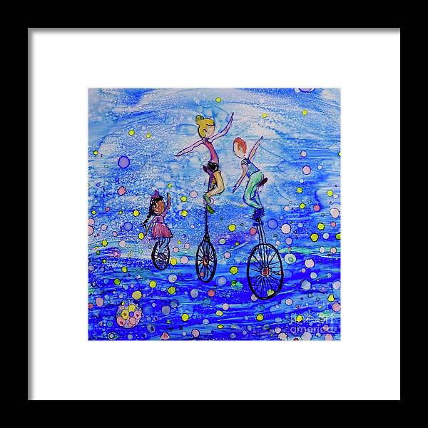 Children In Art Framed Print featuring the painting Unicycle Club by Patty Donoghue