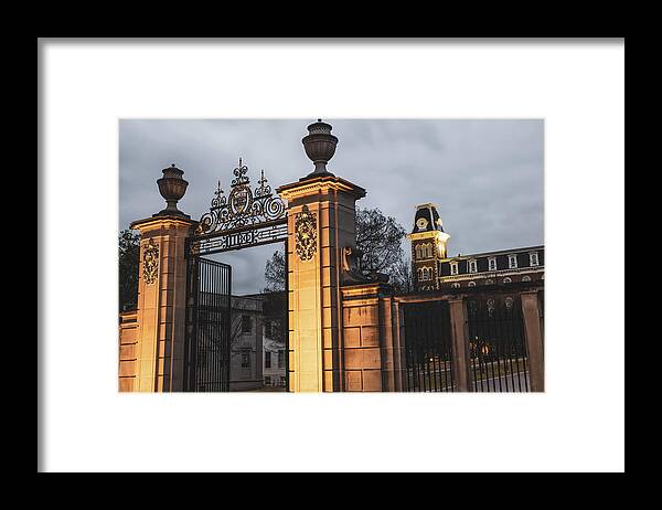 Fayetteville Arkansas Framed Print featuring the photograph Elegant Gateway Etched In Stone At Old Main - Fayetteville Arkansas by Gregory Ballos