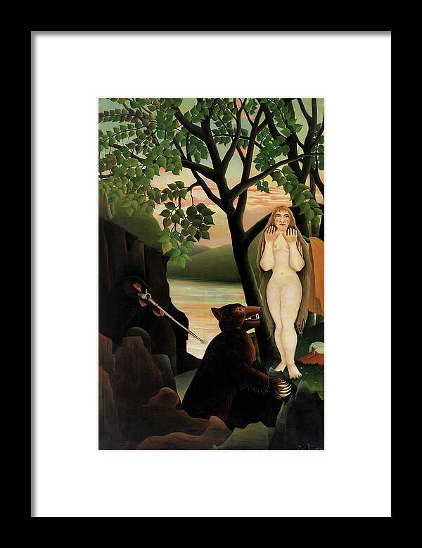 Henri Rousseau Framed Print featuring the painting Unpleasant Surprise - Digital Remastered Edition by Henri Rousseau