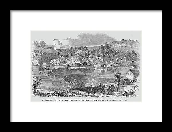 Williamsport Framed Print featuring the painting Unsuccessful attempt of Confederates to destroy Dam by Frank Leslie