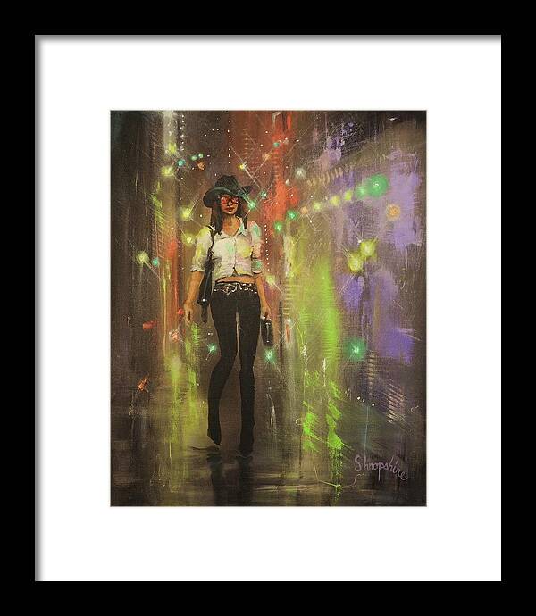 City At Night Framed Print featuring the painting Urban Cowgirl by Tom Shropshire