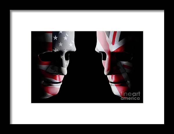 Mask Framed Print featuring the digital art USA and GB head to head flag faces by Simon Bratt