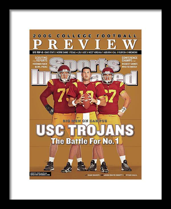 Sports Illustrated Framed Print featuring the photograph Usc Qb John David Booty, Sam Baker, And Ryan Kalil Sports Illustrated Cover by Sports Illustrated