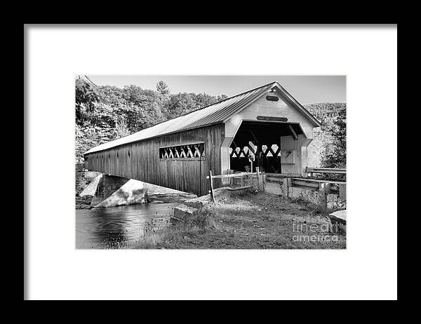 West Dummerston Covered Bridge Framed Print featuring the photograph Vermont West Dummerston Covered Bridge Black And White by Adam Jewell