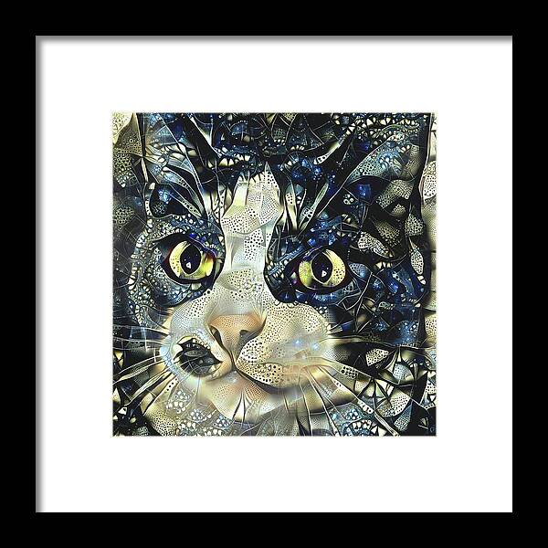 Black And White Cat Framed Print featuring the digital art Versacci the Black and White Rescue Cat by Peggy Collins
