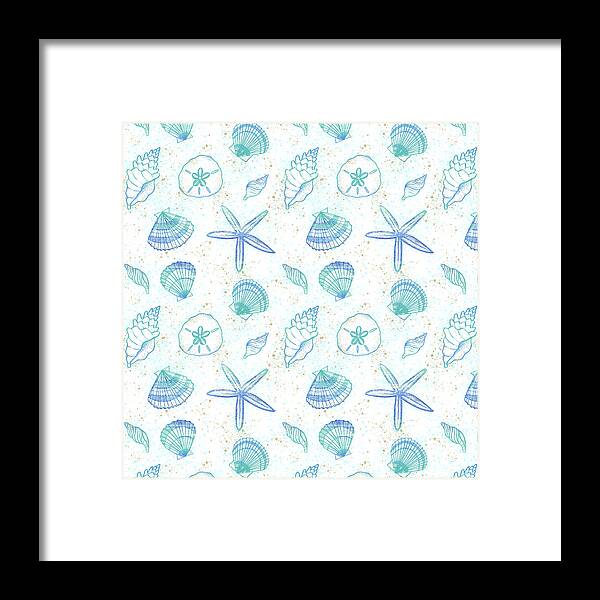 Pattern Framed Print featuring the painting Vibrant Seashell Pattern White Background by Jen Montgomery