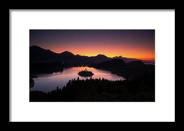 Bled Framed Print featuring the photograph View of Lake Bled at sunrise from Ojstrica by Ian Middleton