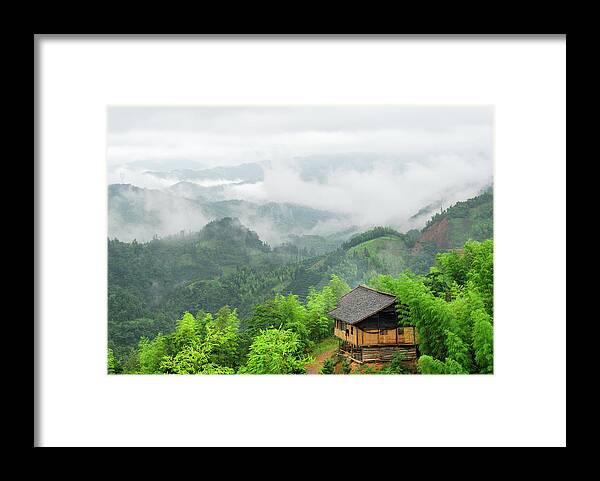 Chinese Culture Framed Print featuring the photograph Village House In Foggy Mountains by Knighterrant