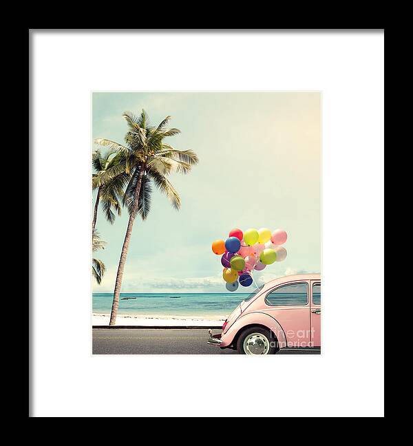 Birthday Framed Print featuring the photograph Vintage Card Of Car With Colorful by Jakkapan