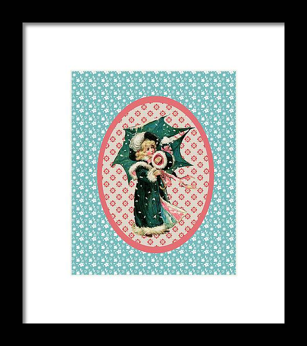 Vintage Framed Print featuring the mixed media Vintage Christmas Card Girl With Umbrella 2 by Effie Zafiropoulou