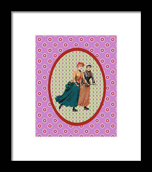 Vintage Framed Print featuring the mixed media Vintage Christmas Card Ladies Skating 2 by Effie Zafiropoulou