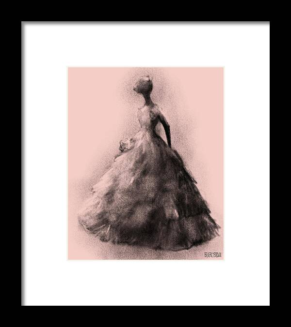 Black And Pink Framed Print featuring the drawing Vintage Fashion Ruffled Ball Gown by Beverly Brown