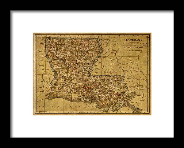 Vintage Framed Print featuring the mixed media Vintage Map of Louisiana by Design Turnpike