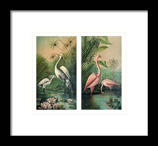 Vintage Framed Print featuring the painting Vintage Paintings Egrets and Flamingos 1 by Marilyn Hunt