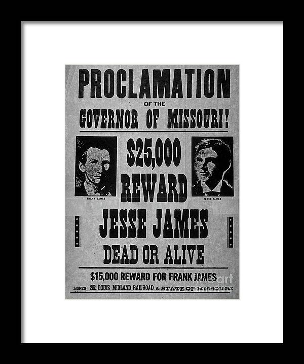 Jesse Framed Print featuring the drawing Vintage Wanted Poster for the arrest of Jesse James by American School