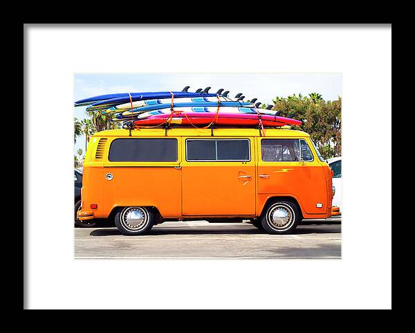 Youth Culture Framed Print featuring the photograph Volkswagen Bus With Surf Boards by Pete Starman