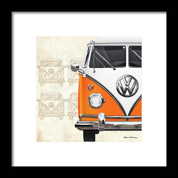 ‘volkswagen Type 2’ Collection By Serge Averbukh Framed Print featuring the digital art Volkswagen Type - Orange and White Volkswagen T1 Samba Bus over Vintage Sketch by Serge Averbukh