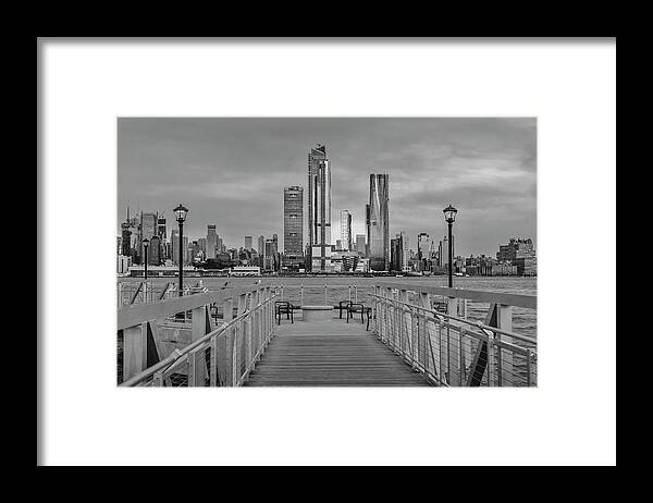 Nyc Skyline Framed Print featuring the photograph Walkway To The New York City Skyline BW by Susan Candelario