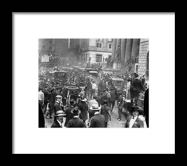 Crowd Of People Framed Print featuring the photograph Wall Street Explosion With Croud by Bettmann