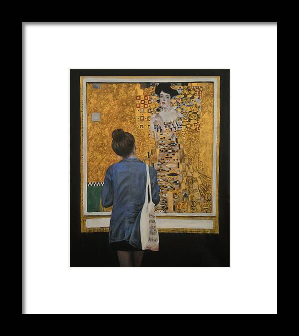 Watching Klimt Woman In Gold Portrait Of Adele Bloch-bauer I Framed Print featuring the painting Watching Klimt Woman in Gold Portrait of Adele Bloch-Bauer I by Escha Van den bogerd