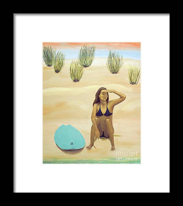 Surfer Girl Painting Framed Print featuring the painting Watching the Break by Jenn C Lindquist