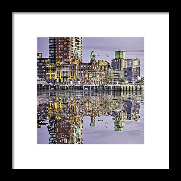 Architecture Framed Print featuring the digital art Water Reflection Hotel New York Rotterdam by Frans Blok