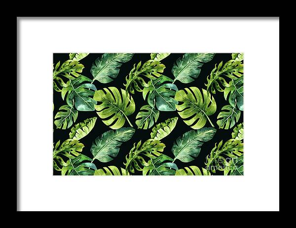 Botanical Framed Print featuring the digital art Watercolor Botanical Tropical Palm Leaves on Solid Black Background by PIPA Fine Art - Simply Solid