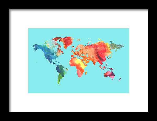 World Framed Print featuring the painting Watercolor Silhouette World Map Colorful PNG XIII by Irina Sztukowski