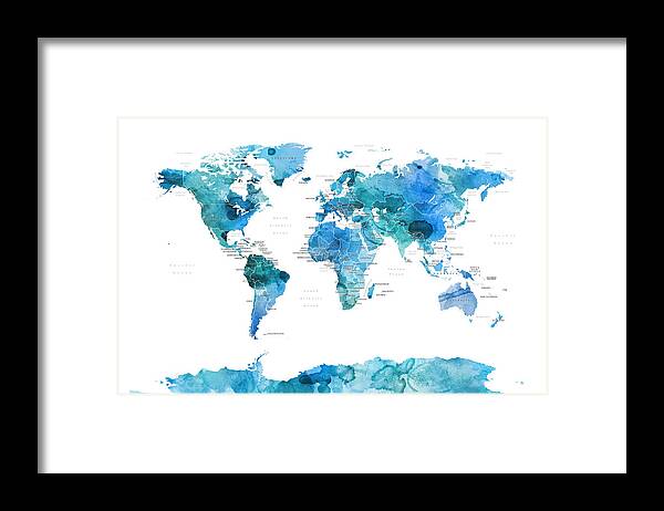 World Map Framed Print featuring the digital art Watercolour Political Map of the World Blue by Michael Tompsett