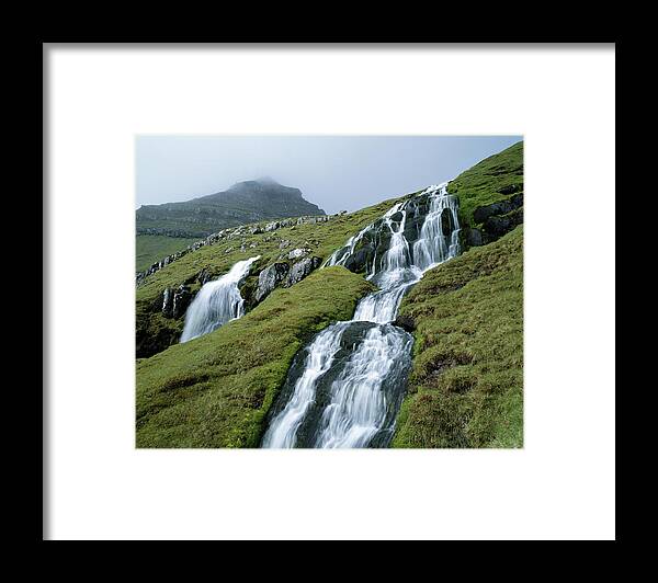 Scenics Framed Print featuring the photograph Waterfall On Mountain, Eysturoy, Faroe by Roine Magnusson