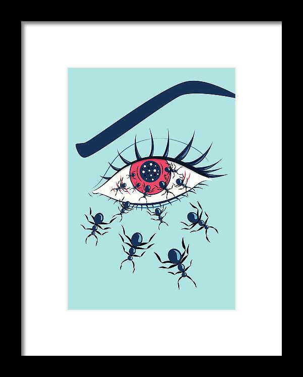 Horror Framed Print featuring the digital art Weird Creepy Red Eye With Crawling Ants by Boriana Giormova
