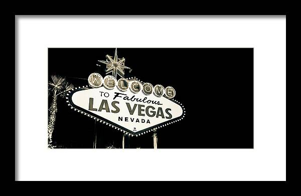 Las Vegas Sign Framed Print featuring the photograph Welcome to Las Vegas Neon Sign - Nevada USA Sepia Panorama by Gregory Ballos