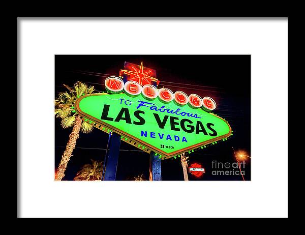 Green Welcome To Las Vegas Sign Framed Print featuring the photograph Welcome to Las Vegas Sign Green St Patricks Day by Aloha Art