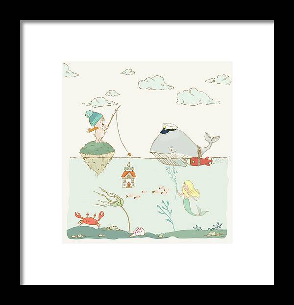 Whale Framed Print featuring the painting Whale and bear in the ocean whimsical art for kids by Matthias Hauser