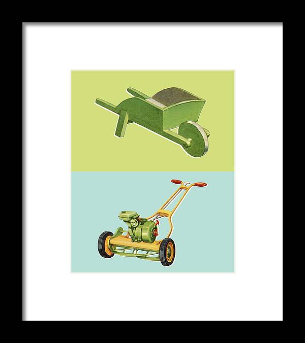 Back Yard Framed Print featuring the drawing Wheelbarrow and Lawn Mower by CSA Images