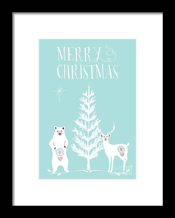 White Christmas Framed Print featuring the mixed media White Christmas Bear And Stag by Amanda Jane