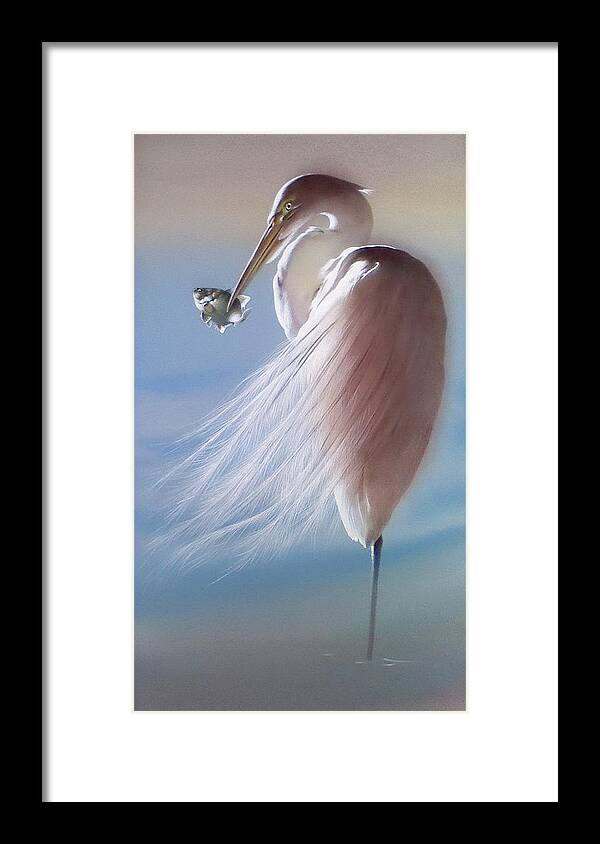 Russian Artists New Wave Framed Print featuring the painting White Heron with Fish by Alina Oseeva