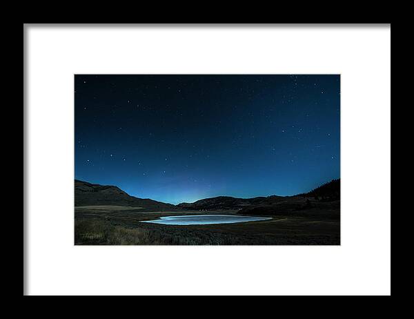 Blue Framed Print featuring the digital art White Lake Grasslands Protected Area At Night, Cawston, British Columbia, Canada by Preserved Light Photography